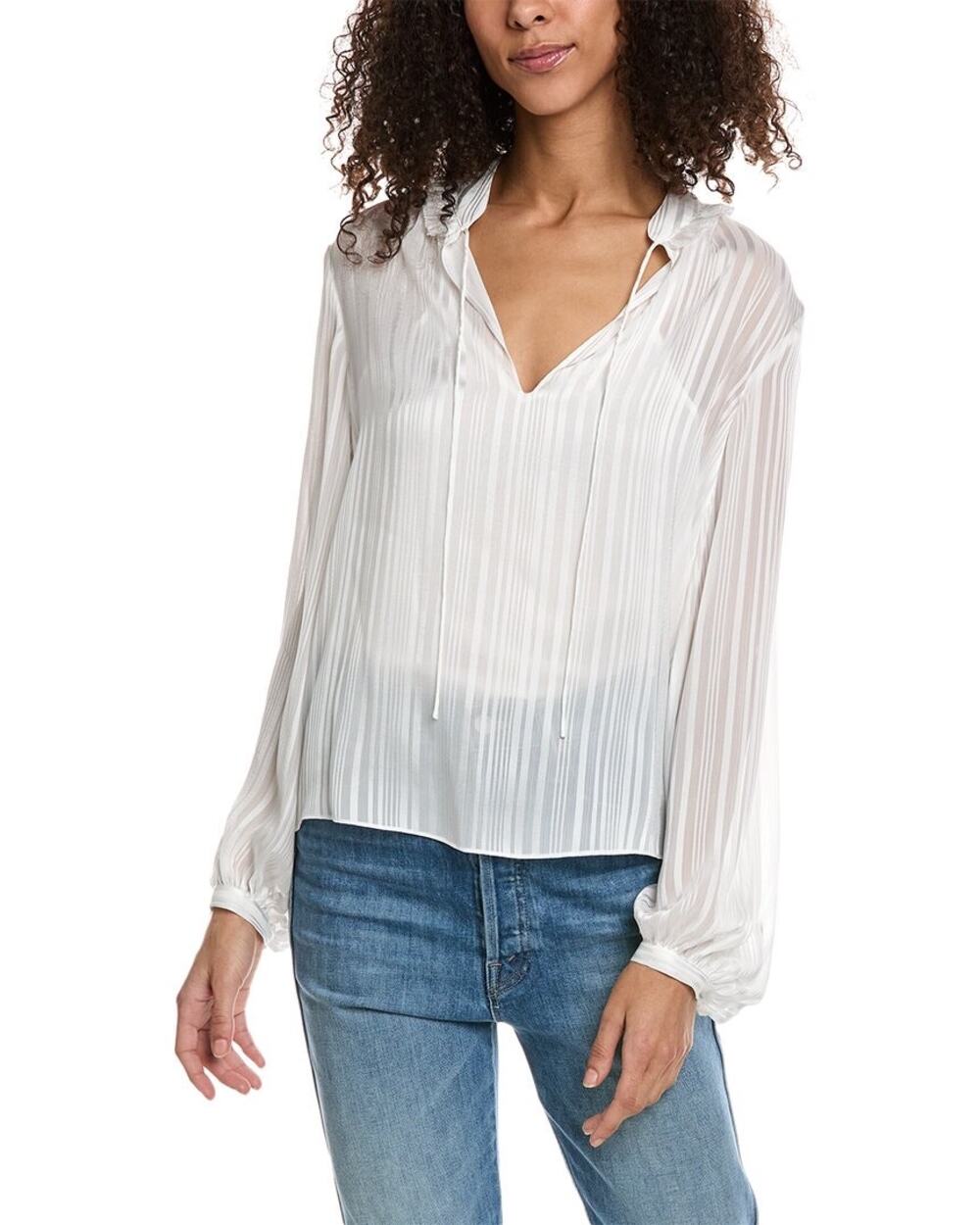 The Kooples Sheer Shadow Stripe Long Sleeve Blouse in White Sz 1 US S
